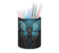 ERSTSNCK Blue Butterfly Pattern Pen Holder, Pencil Holder Desktop Stationery Organizer Round Leather Pencil Cup Makeup Brush Storage Box for Office Home And Stationary Supplies