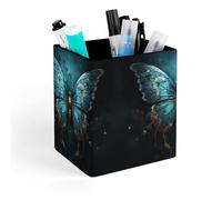 ERSTSNCK Blue Butterfly Pattern Pen Holder, Pencil Holder Desktop Stationery Organizer Square Leather Pencil Cup Makeup Brush Storage Box for Office Home And Stationary Supplies