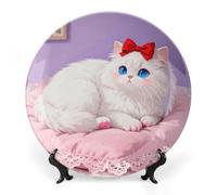ERSTSNCK Blue-Eyed Cat Ceramic Decorative Plate 7inch Bone China Wall Hanging Ornament Plates Bohemian Style Dinner Plate with Stand Cabinet Display Plates for Home Art Decor
