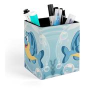 ERSTSNCK Blue Fish Pen Holder, Pencil Holder Desktop Stationery Organizer Square Leather Pencil Cup Makeup Brush Storage Box for Office Home And Stationary Supplies
