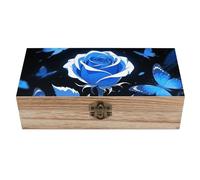 ERSTSNCK Blue Flowers Wooden Storage Box Elegant Retro Jewelry Box with Hinged Lid Decorative Keepsake Boxes Decor Handmade Organizer Boxes for Wedding, Party, Gift, Diy Craft, Home Decor