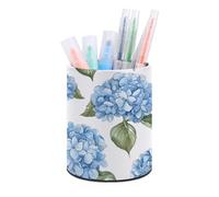 ERSTSNCK Blue Hydrangea Pattern Pen Holder, Pencil Holder Desktop Stationery Organizer Round Leather Pencil Cup Makeup Brush Storage Box for Office Home And Stationary Supplies