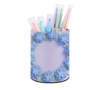 ERSTSNCK Blue Hydrangea Pattern Pen Holder, Pencil Holder Desktop Stationery Organizer Round Leather Pencil Cup Makeup Brush Storage Box for Office Home And Stationary Supplies