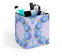 ERSTSNCK Blue Hydrangea Pattern Pen Holder, Pencil Holder Desktop Stationery Organizer Square Leather Pencil Cup Makeup Brush Storage Box for Office Home And Stationary Supplies