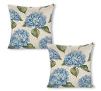 ERSTSNCK Blue Hydrangea Pattern Pillow Covers 18"x18"（2pcs） Linen Throw Pillow Covers - Double Sided Decorative Square Cushion Cases for Sofa, Bed, Chair (No Insert Included)