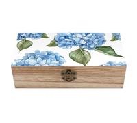 ERSTSNCK Blue Hydrangea Pattern Wooden Storage Box Elegant Retro Jewelry Box with Hinged Lid Decorative Keepsake Boxes Decor Handmade Organizer Boxes for Wedding, Party, Gift, Diy Craft, Home Decor
