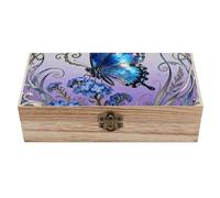 ERSTSNCK Blue Morpho Myosotis Wooden Storage Box Elegant Retro Jewelry Box with Hinged Lid Decorative Keepsake Boxes Decor Handmade Organizer Boxes for Wedding, Party, Gift, Diy Craft, Home Decor