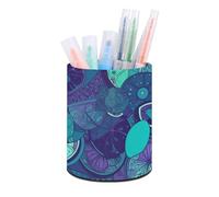 ERSTSNCK Blue Teal Lemon Pen Holder, Pencil Holder Desktop Stationery Organizer Round Leather Pencil Cup Makeup Brush Storage Box for Office Home And Stationary Supplies