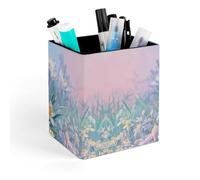 ERSTSNCK Blue to Peach Gradient Pen Holder, Pencil Holder Desktop Stationery Organizer Square Leather Pencil Cup Makeup Brush Storage Box for Office Home And Stationary Supplies