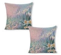 ERSTSNCK Blue to Peach Gradient Pillow Covers 18"x18"（2pcs） Linen Throw Pillow Covers - Double Sided Decorative Square Cushion Cases for Sofa, Bed, Chair (No Insert Included)