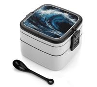 ERSTSNCK Blue Wave Painting Bento Box 1000ml Leak Proof Lunch Container with Removable Dividers & Spoon - BPA-Free PP Stackable Lunch Box for Work, Office, Picnic, Travel, Dining Out