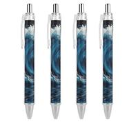 ERSTSNCK Blue Wave Painting Black Ballpoint Pens Fine Point (0.5mm) Black Ink Pen Retractable Ball Point Pens with Comfortable Full Grip for Journaling, And Office Writing Ideal 4 PCS
