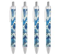 ERSTSNCK Blue Wave Painting Black Ballpoint Pens Fine Point (0.5mm) Black Ink Pen Retractable Ball Point Pens with Comfortable Full Grip for Journaling, And Office Writing Ideal 4 PCS