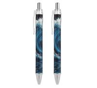 ERSTSNCK Blue Wave Painting Black Ballpoint Pens Fine Point (0.5mm) Black Ink Pen Retractable Ball Point Pens with Comfortable Full Grip for Journaling, And Office Writing Ideal 2 PCS