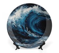 ERSTSNCK Blue Wave Painting Ceramic Decorative Plate 8inch Bone China Wall Hanging Ornament Plates Bohemian Style Dinner Plate with Stand Cabinet Display Plates for Home Art Decor