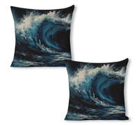 ERSTSNCK Blue Wave Painting Pillow Covers 18"x18"（2pcs） Linen Throw Pillow Covers - Double Sided Decorative Square Cushion Cases for Sofa, Bed, Chair (No Insert Included)
