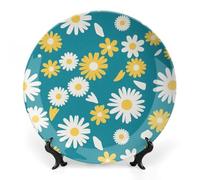 ERSTSNCK Blue Yellow Daisy Ceramic Decorative Plate 6inch Bone China Wall Hanging Ornament Plates Bohemian Style Dinner Plate with Stand Cabinet Display Plates for Home Art Decor