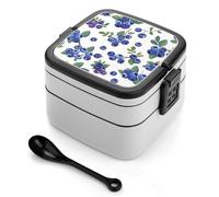 ERSTSNCK Blueberries with Leaves Bento Box 1000ml Leak Proof Lunch Container with Removable Dividers & Spoon - BPA-Free PP Stackable Lunch Box for Work, Office, Picnic, Travel, Dining Out