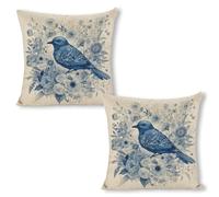ERSTSNCK Bluebird and Flowers Pillow Covers 18"x18"（2pcs） Linen Throw Pillow Covers - Double Sided Decorative Square Cushion Cases for Sofa, Bed, Chair (No Insert Included)