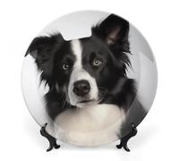 ERSTSNCK Border Collie Ceramic Decorative Plate 10inch Bone China Wall Hanging Ornament Plates Bohemian Style Dinner Plate with Stand Cabinet Display Plates for Home Art Decor