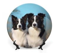 ERSTSNCK Border Collie Ceramic Decorative Plate 8inch Bone China Wall Hanging Ornament Plates Bohemian Style Dinner Plate with Stand Cabinet Display Plates for Home Art Decor