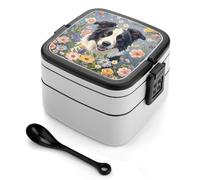 ERSTSNCK Border Collie Florals Bento Box 1000ml Leak Proof Lunch Container with Removable Dividers & Spoon - BPA-Free PP Stackable Lunch Box for Work, Office, Picnic, Travel, Dining Out
