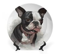 ERSTSNCK Boston Terrier Ceramic Decorative Plate 10inch Bone China Wall Hanging Ornament Plates Bohemian Style Dinner Plate with Stand Cabinet Display Plates for Home Art Decor