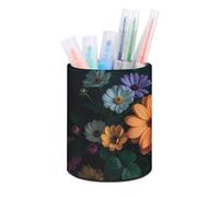 ERSTSNCK Bright Flowers Pen Holder, Pencil Holder Desktop Stationery Organizer Round Leather Pencil Cup Makeup Brush Storage Box for Office Home And Stationary Supplies