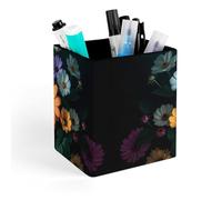 ERSTSNCK Bright Flowers Pen Holder, Pencil Holder Desktop Stationery Organizer Square Leather Pencil Cup Makeup Brush Storage Box for Office Home And Stationary Supplies