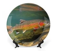 ERSTSNCK Brook Trout Fly Fishing Ceramic Decorative Plate 10inch Bone China Wall Hanging Ornament Plates Bohemian Style Dinner Plate with Stand Cabinet Display Plates for Home Art Decor