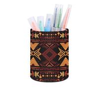 ERSTSNCK Brown And Red Tribal Pattern Pen Holder, Pencil Holder Desktop Stationery Organizer Round Leather Pencil Cup Makeup Brush Storage Box for Office Home And Stationary Supplies