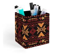 ERSTSNCK Brown And Red Tribal Pattern Pen Holder, Pencil Holder Desktop Stationery Organizer Square Leather Pencil Cup Makeup Brush Storage Box for Office Home And Stationary Supplies