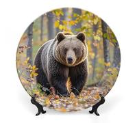 ERSTSNCK Brown Bear in Autumn Ceramic Plate 10inch Decorative Bone China Wall Hanging Ornament Plates Bohemian Style Dinner Plate with Display Stand Cabinet Display Plates for Home Art Decor