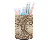ERSTSNCK Brown Pattern Tree Pen Holder, Pencil Holder Desktop Stationery Organizer Round Leather Pencil Cup Makeup Brush Storage Box for Office Home And Stationary Supplies