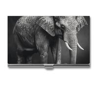 ERSTSNCK Business Card Holder Black And White Elephant Image Metal Slim Business Card Case Pocket Cards Holder for Women Or Men Professional Purse Name Cards Holder, Buckle Style Shut