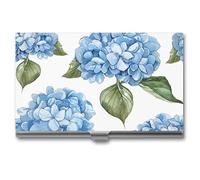 ERSTSNCK Business Card Holder Blue Hydrangea Pattern Metal Slim Business Card Case Pocket Cards Holder for Women Or Men Professional Purse Name Cards Holder, Buckle Style Shut