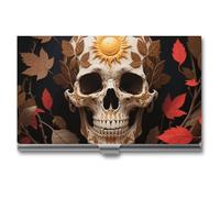 ERSTSNCK Business Card Holder Sun Skull Decorated Metal Slim Business Card Case Pocket Cards Holder for Women Or Men Professional Purse Name Cards Holder, Buckle Style Shut