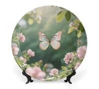 ERSTSNCK Butterflies Dancing Ceramic Plate 6inch Decorative Bone China Wall Hanging Ornament Plates Bohemian Style Dinner Plate with Display Stand Cabinet Display Plates for Home Art Decor