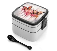 ERSTSNCK Butterfly Drip Spray Watercolor Bento Box 1000ml Leak Proof Lunch Container with Removable Dividers & Spoon - BPA-Free PP Stackable Lunch Box for Work, Office, Picnic, Travel, Dining Out