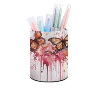 ERSTSNCK Butterfly Drip Spray Watercolor Pen Holder, Pencil Holder Desktop Stationery Organizer Round Leather Pencil Cup Makeup Brush Storage Box for Office Home And Stationary Supplies