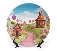 ERSTSNCK Candy Lane House Ceramic Decorative Plate 7inch Bone China Wall Hanging Ornament Plates Bohemian Style Dinner Plate with Stand Cabinet Display Plates for Home Art Decor