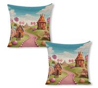 ERSTSNCK Candy Lane House Pillow Covers 18"x18"（2pcs） Linen Throw Pillow Covers - Double Sided Decorative Square Cushion Cases for Sofa, Bed, Chair (No Insert Included)