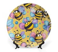 ERSTSNCK Cartoon Bee Pattern Ceramic Plate 8inch Decorative Bone China Wall Hanging Ornament Plates Bohemian Style Dinner Plate with Display Stand Cabinet Display Plates for Home Art Decor