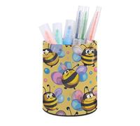 ERSTSNCK Cartoon Bee Pattern Pen Holder, Pencil Holder Desktop Stationery Organizer Round Leather Pencil Cup Makeup Brush Storage Box for Office Home And Stationary Supplies