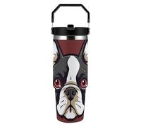 ERSTSNCK Cartoon Boston Terrier Face 30oz Tumbler Large Capacity Car Cup with Handle And Straw Lid Stainless Steel Travel Mug Double Wall Vacuum Insulated Cup Leak-Proof for Outdoor Home Use