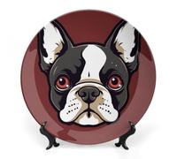 ERSTSNCK Cartoon Boston Terrier Face Ceramic Decorative Plate 8inch Bone China Wall Hanging Ornament Plates Bohemian Style Dinner Plate with Stand Cabinet Display Plates for Home Art Decor