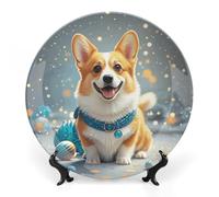 ERSTSNCK Cartoon Corgi Dog Ceramic Decorative Plate 8inch Bone China Wall Hanging Ornament Plates Bohemian Style Dinner Plate with Stand Cabinet Display Plates for Home Art Decor