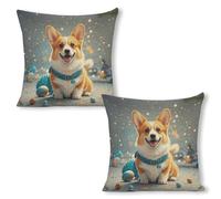 ERSTSNCK Cartoon Corgi Dog Pillow Covers 18"x18"（2pcs） Linen Throw Pillow Covers - Double Sided Decorative Square Cushion Cases for Sofa, Bed, Chair (No Insert Included)