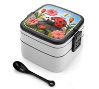 ERSTSNCK Cartoon Ladybug Flower Bento Box 1000ml Leak Proof Lunch Container with Removable Dividers & Spoon - BPA-Free PP Stackable Lunch Box for Work, Office, Picnic, Travel, Dining Out