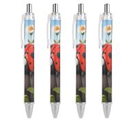 ERSTSNCK Cartoon Ladybug Flower Black Ballpoint Pens Fine Point (0.5mm) Black Ink Pen Retractable Ball Point Pens with Comfortable Full Grip for Journaling, And Office Writing Ideal 4 PCS